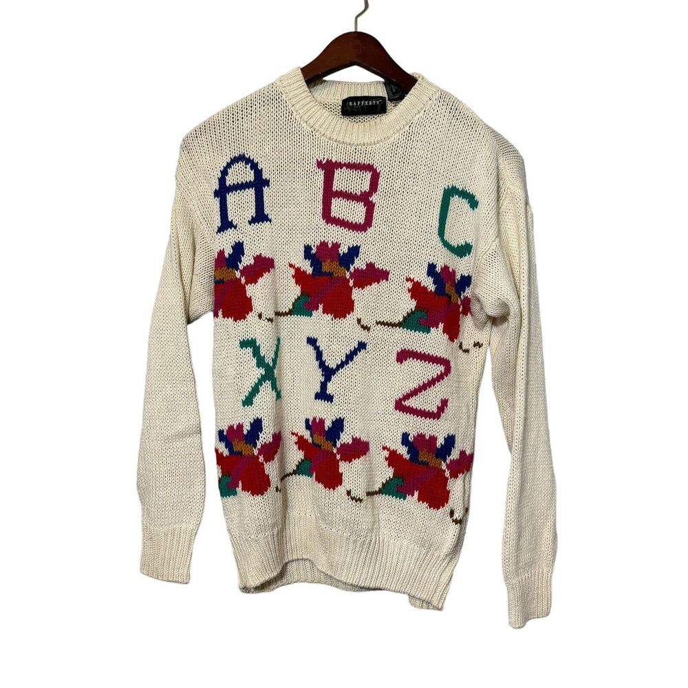 Vtg Rafferty Sweater Women's Med Chunky Boho Retro ABC XYZ Long Sleeve Knit